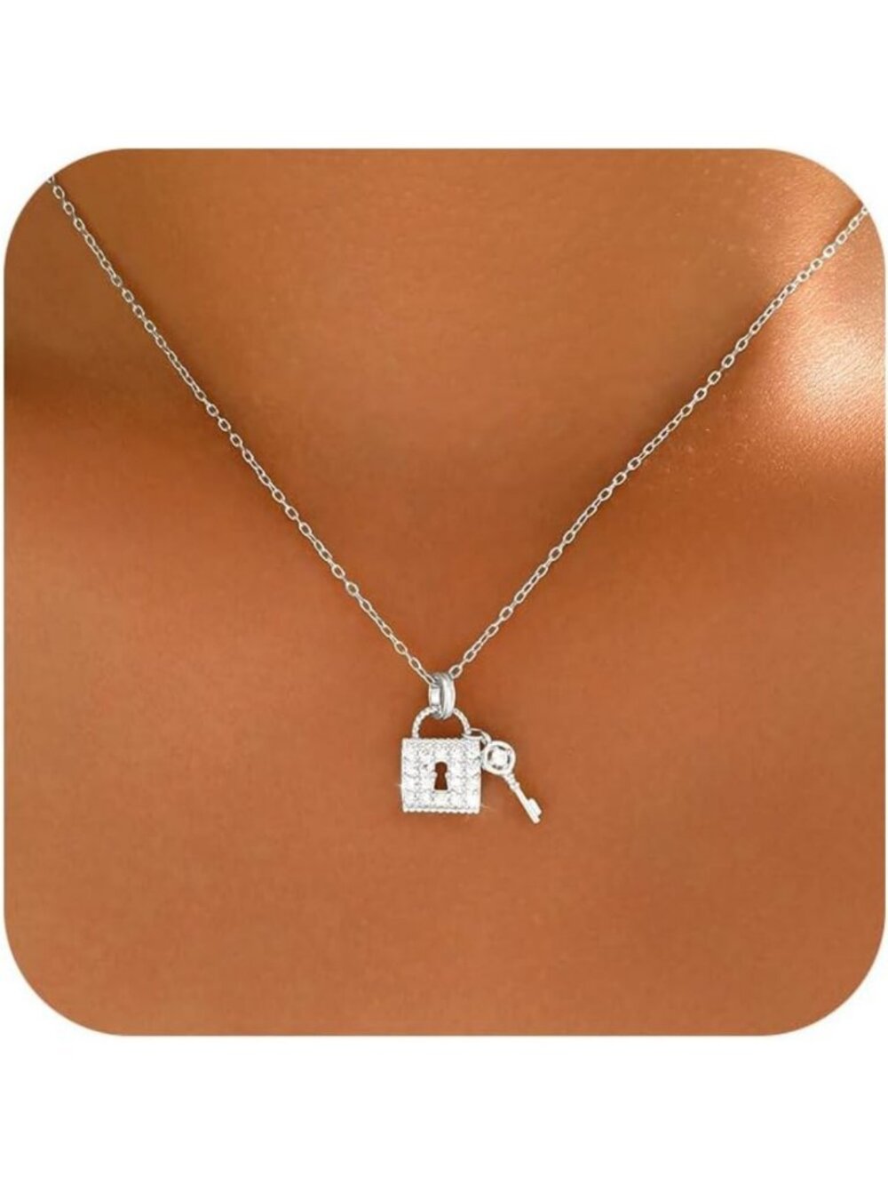 Dainty 925 Sterling Silver Lock & Key Necklace with Cubic Zirconia for Women